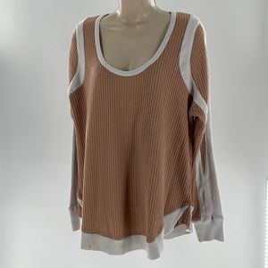 FREE PEOPLE BEIGE & white Thermal Tunic Shirt Large